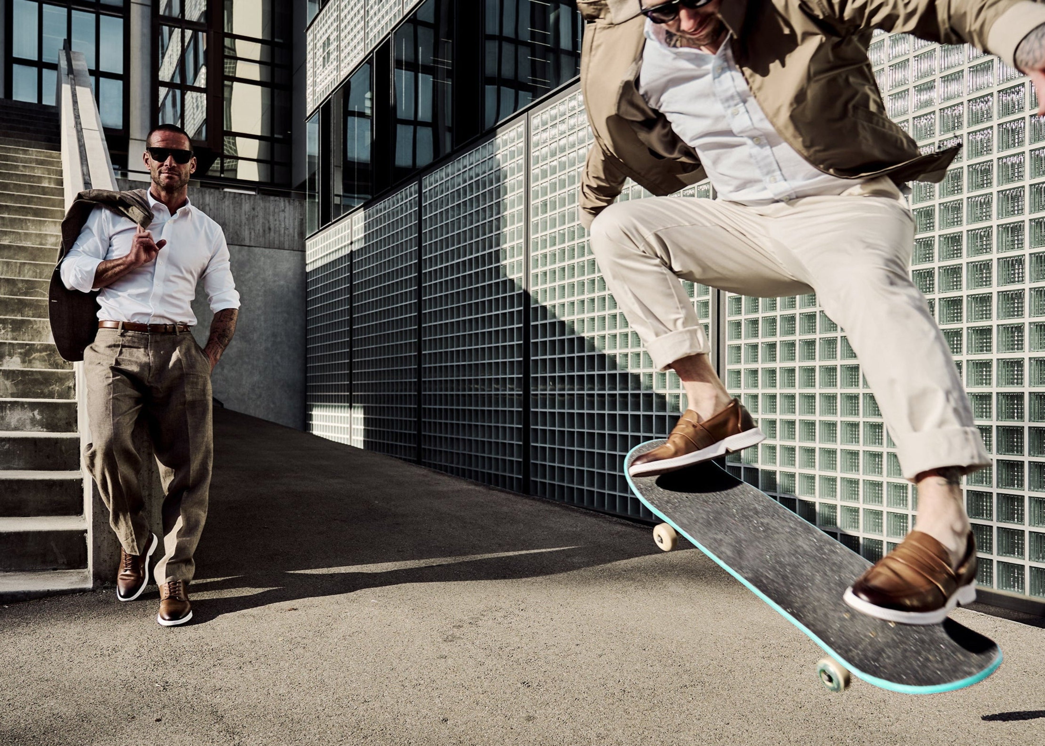 Model and skater both wearing KANREY shoes in tan. KANREY derby shoes in tan.